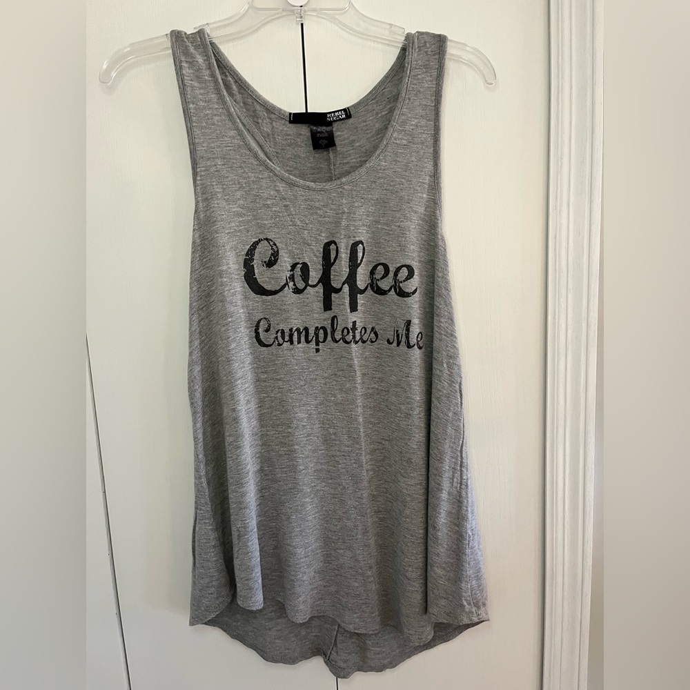 Rebel Sugar. “Coffee Completes Me” Gray Racerback Tank Top. Size large.